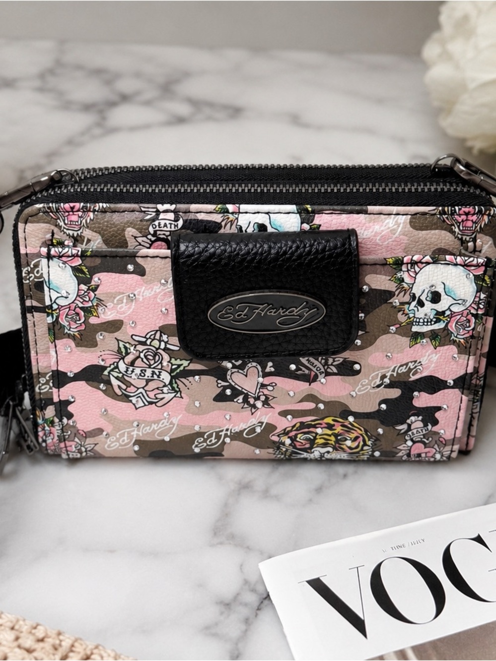 Ed Hardy Pink Camo Skull Crossbody Wallet Bag NWT Rhinestone Tattoo Print